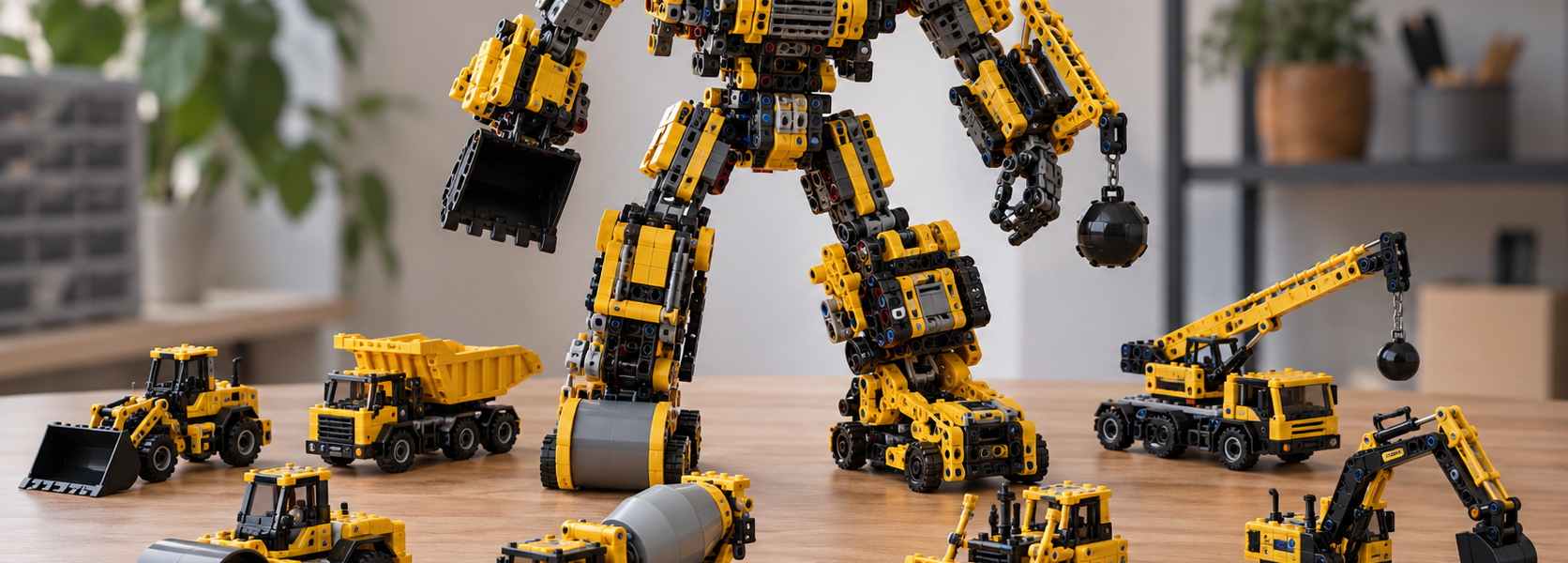 Eight yellow-and-black brick-built construction machines arranged around a larger combined industrial robot made from similar generic mechanical modules.