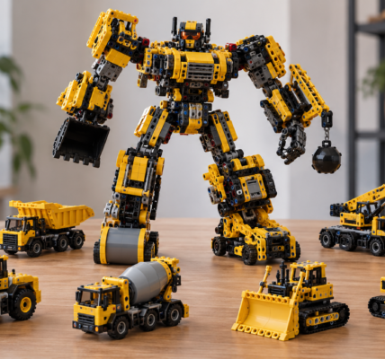 Eight yellow-and-black brick-built construction machines arranged around a larger combined industrial robot made from similar generic mechanical modules.