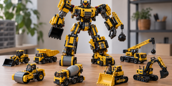 Eight yellow-and-black brick-built construction machines arranged around a larger combined industrial robot made from similar generic mechanical modules.