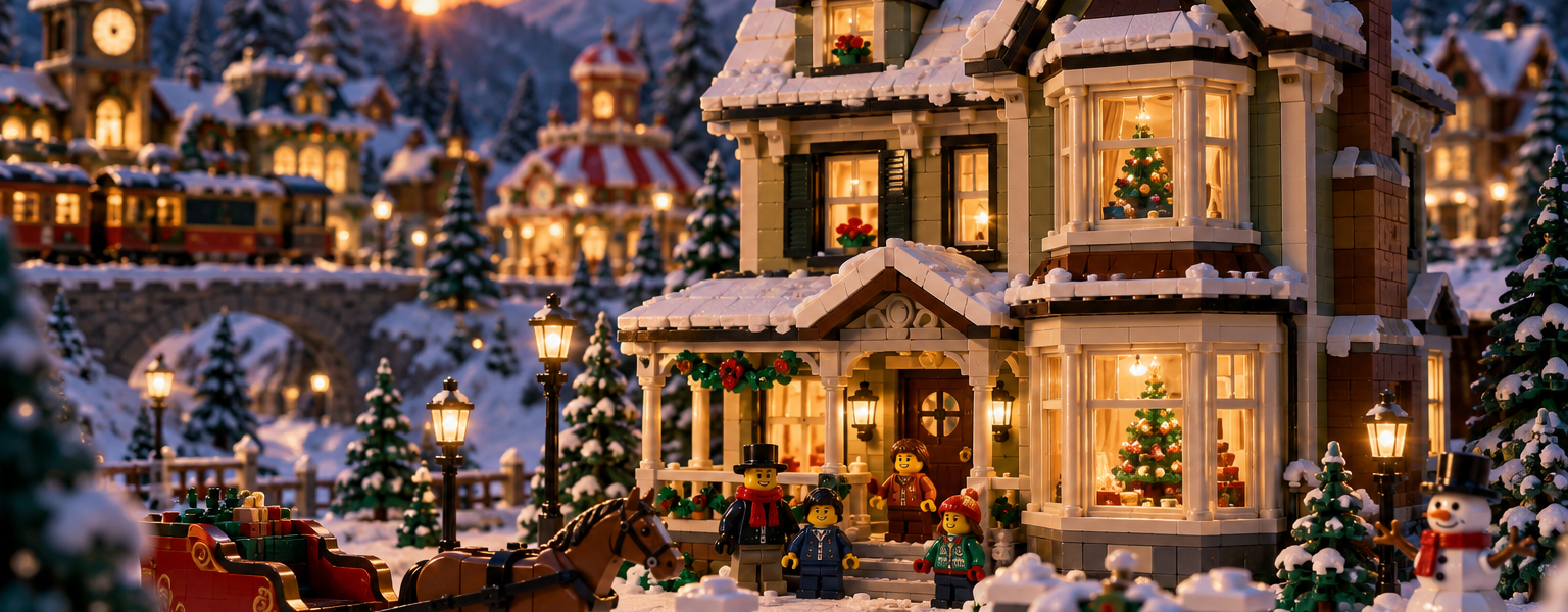 A brick-built family house in a snowy winter village at dusk, with warm glowing windows and a horse-drawn sleigh outside.