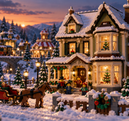A brick-built family house in a snowy winter village at dusk, with warm glowing windows and a horse-drawn sleigh outside.