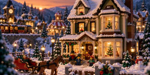 A brick-built family house in a snowy winter village at dusk, with warm glowing windows and a horse-drawn sleigh outside.