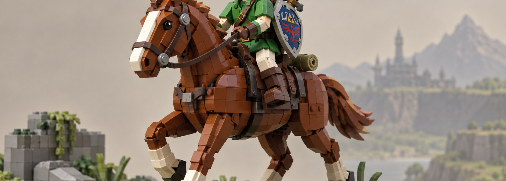 A brick-built hero in green rides a brown brick-built horse through a natural landscape, with a castle and mountains in the distance.