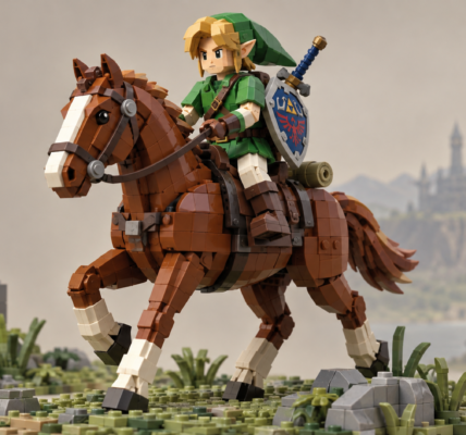 A brick-built hero in green rides a brown brick-built horse through a natural landscape, with a castle and mountains in the distance.