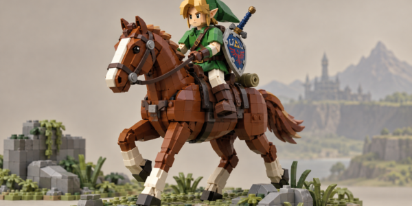 A brick-built hero in green rides a brown brick-built horse through a natural landscape, with a castle and mountains in the distance.