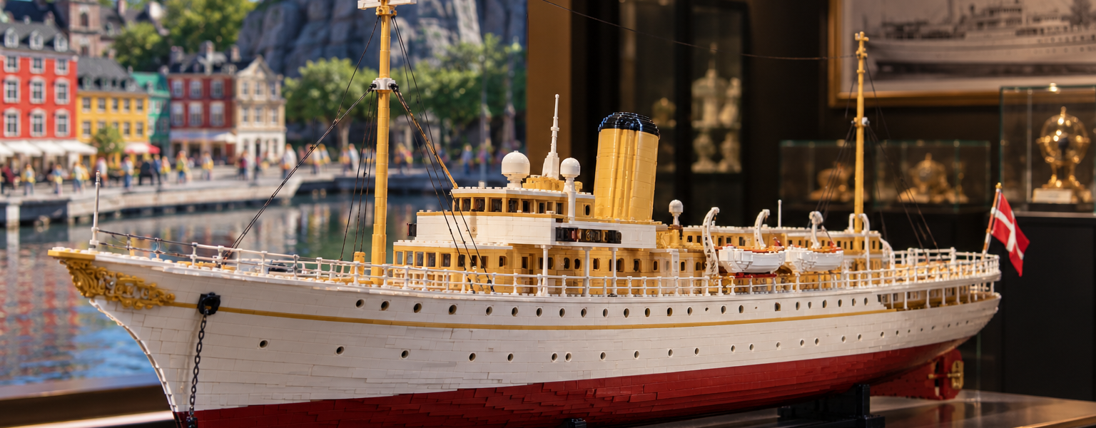 A large brick-built royal yacht sits on an elegant display while the background blends a Miniland-style waterfront with a museum-like collector setting.