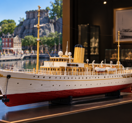 A large brick-built royal yacht sits on an elegant display while the background blends a Miniland-style waterfront with a museum-like collector setting.