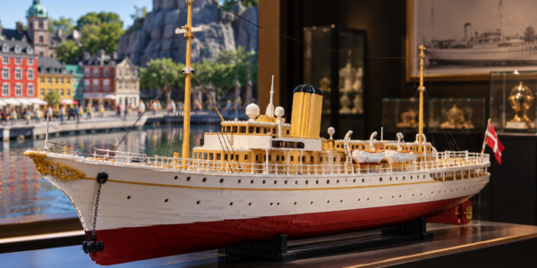 A large brick-built royal yacht sits on an elegant display while the background blends a Miniland-style waterfront with a museum-like collector setting.