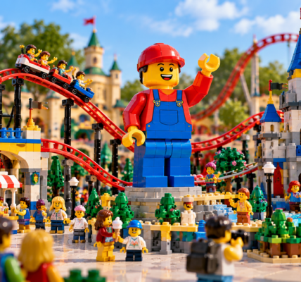A colorful brick-built amusement park with a large central mascot figure, roller coaster, castle-like structures and visitors.