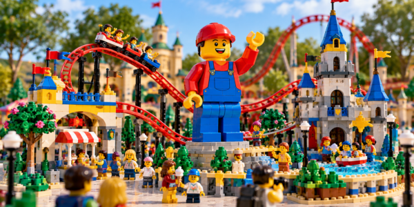 A colorful brick-built amusement park with a large central mascot figure, roller coaster, castle-like structures and visitors.