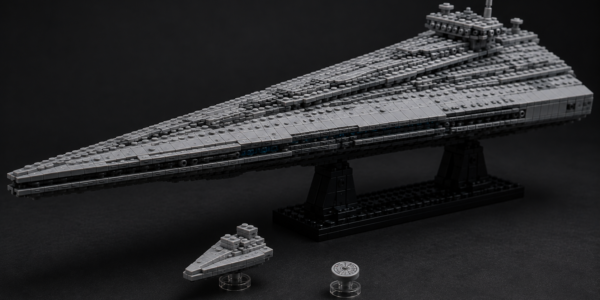 LEGO Star Wars Executor Super Star Destroyer shown with a small Star Destroyer and a micro Millennium Falcon represented on a single round 1×1 element.
