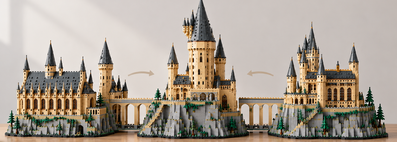 Symbolic illustration of a modular brick-built castle made from three connected sections on a neutral background.