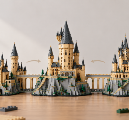 Symbolic illustration of a modular brick-built castle made from three connected sections on a neutral background.