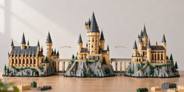 Symbolic illustration of a modular brick-built castle made from three connected sections on a neutral background.