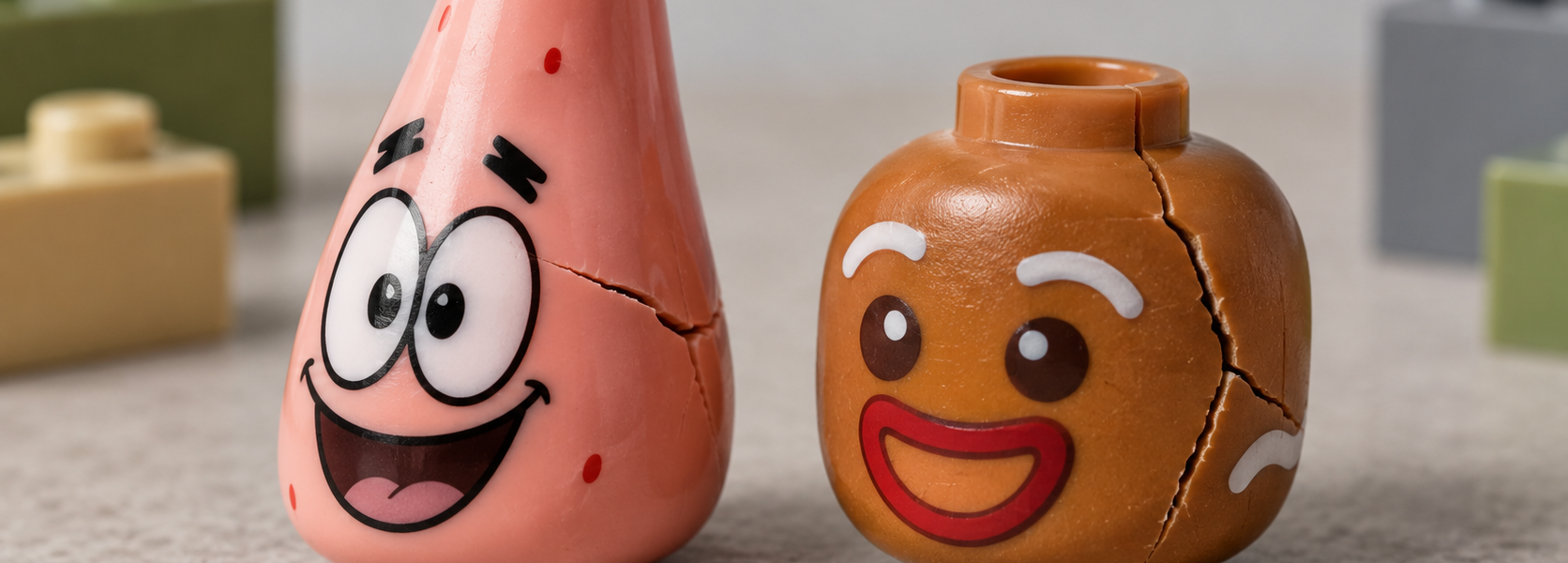 Two stylized toy character heads, one pink and one gingerbread-like, with visible cracks against a neutral studio background.