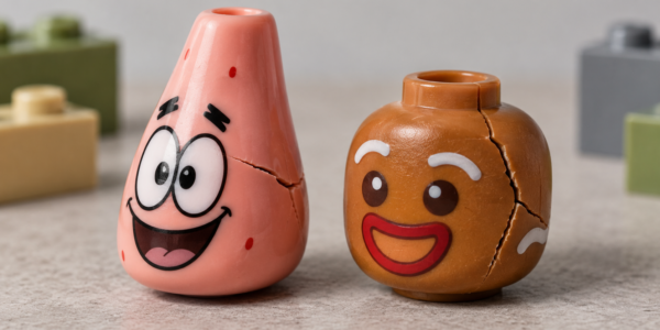 Two stylized toy character heads, one pink and one gingerbread-like, with visible cracks against a neutral studio background.