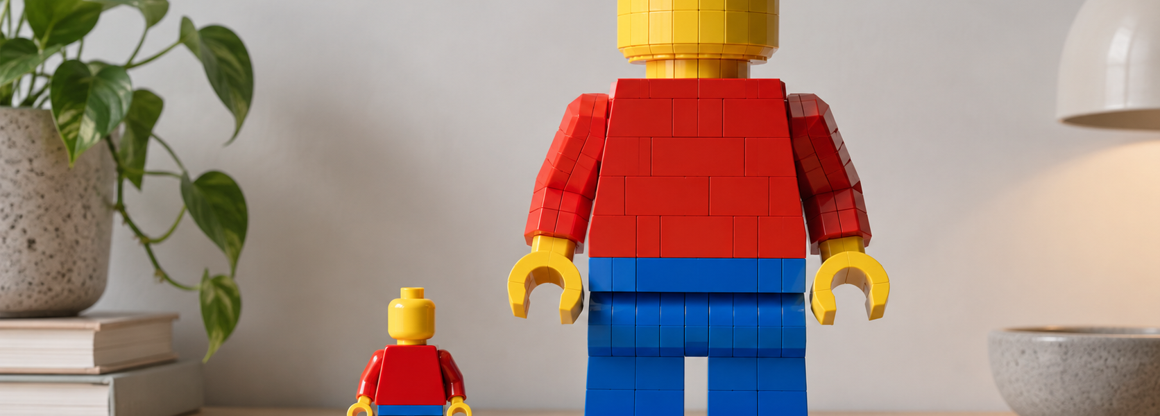A small generic brick-built figure stands beside a much larger version with the same simple proportions on a neutral tabletop.