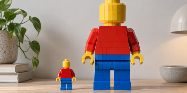 A small generic brick-built figure stands beside a much larger version with the same simple proportions on a neutral tabletop.