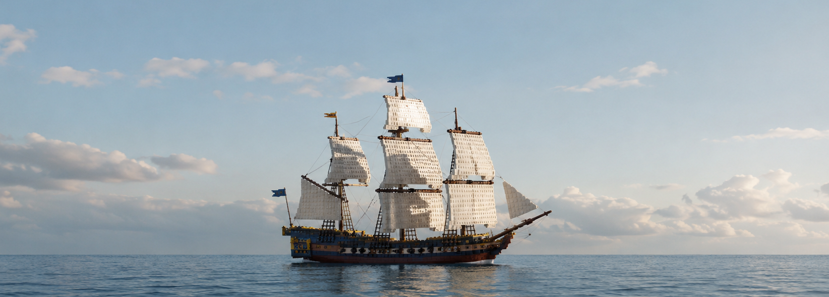 A three-masted brick-built sailing ship seen from a distance on a calm sea beneath a clear sky.