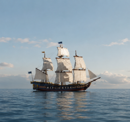 A three-masted brick-built sailing ship seen from a distance on a calm sea beneath a clear sky.