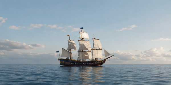 A three-masted brick-built sailing ship seen from a distance on a calm sea beneath a clear sky.