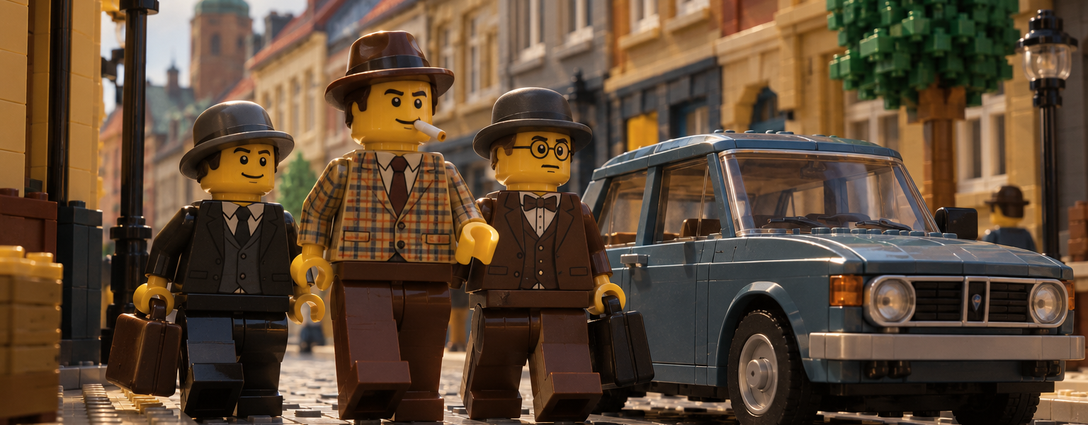 Three minifigure characters in Olsen Gang-inspired outfits walk along a brick-built 1970s street beside a vintage Saab-like car with no logos or text.