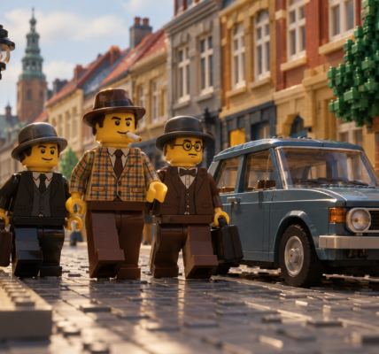 Three minifigure characters in Olsen Gang-inspired outfits walk along a brick-built 1970s street beside a vintage Saab-like car with no logos or text.