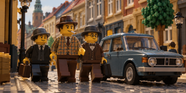 Three minifigure characters in Olsen Gang-inspired outfits walk along a brick-built 1970s street beside a vintage Saab-like car with no logos or text.