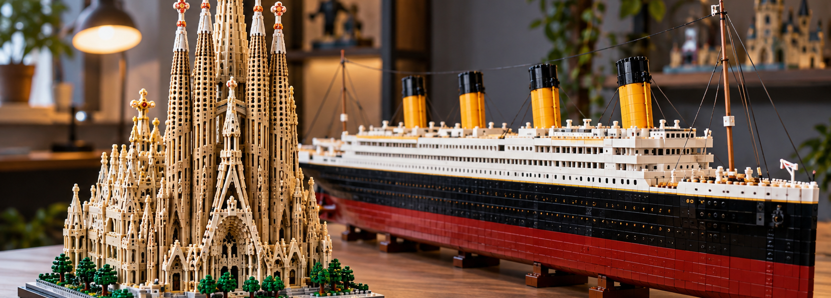 A detailed brick-built cathedral model stands beside a much longer ocean-liner-style model on a wooden tabletop.