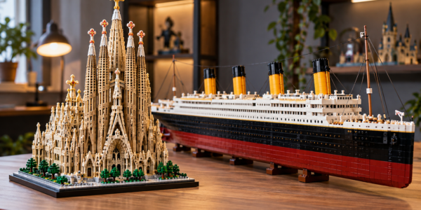 A detailed brick-built cathedral model stands beside a much longer ocean-liner-style model on a wooden tabletop.