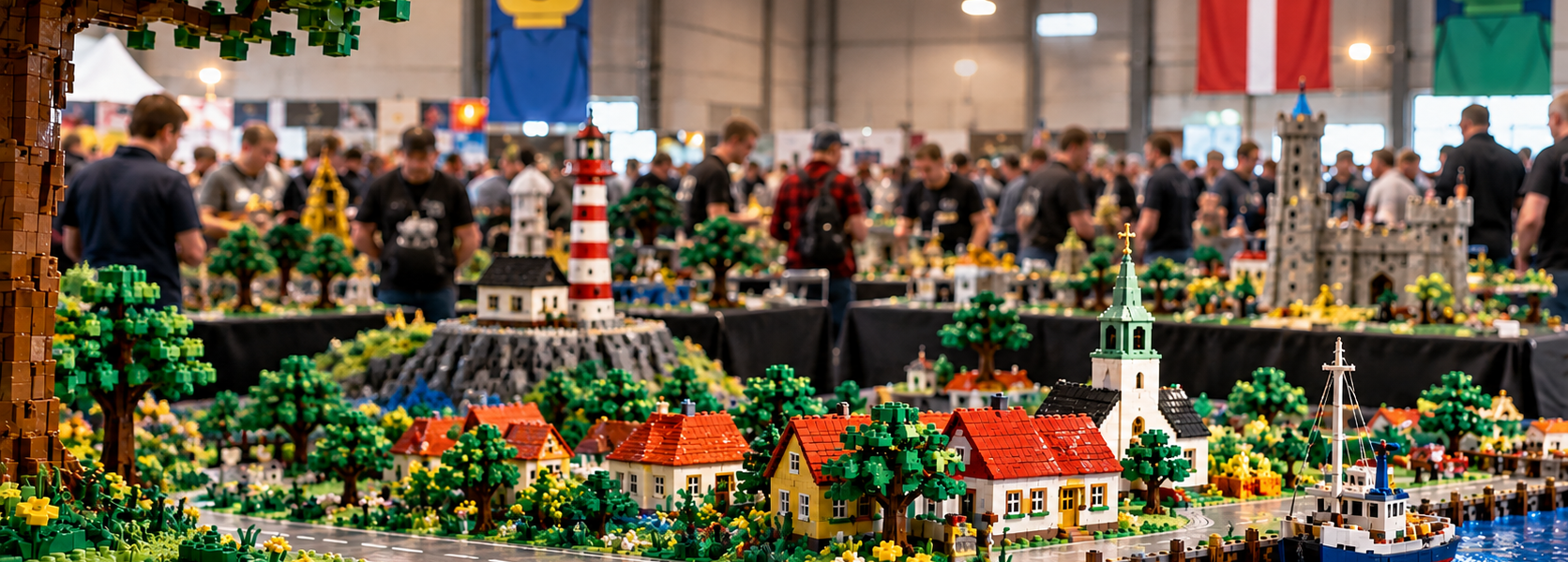 A LEGO fan exhibition hall with a detailed brick-built Danish town, lighthouse, harbor and event attendees in the background.