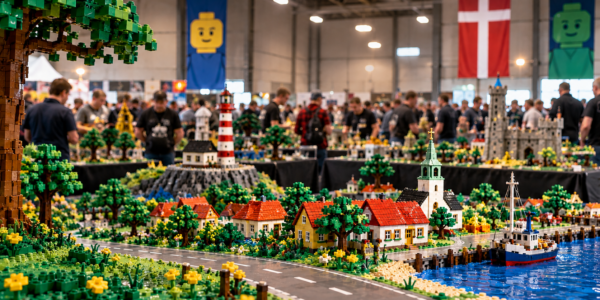 A LEGO fan exhibition hall with a detailed brick-built Danish town, lighthouse, harbor and event attendees in the background.
