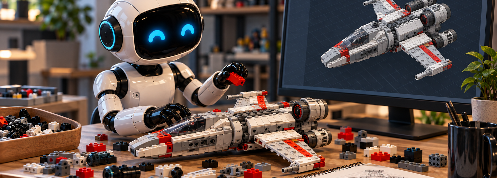 An AI robot assembles a brick-built spacecraft at a desk while a matching 3D CAD model is shown on the monitor.