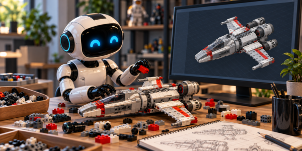 An AI robot assembles a brick-built spacecraft at a desk while a matching 3D CAD model is shown on the monitor.