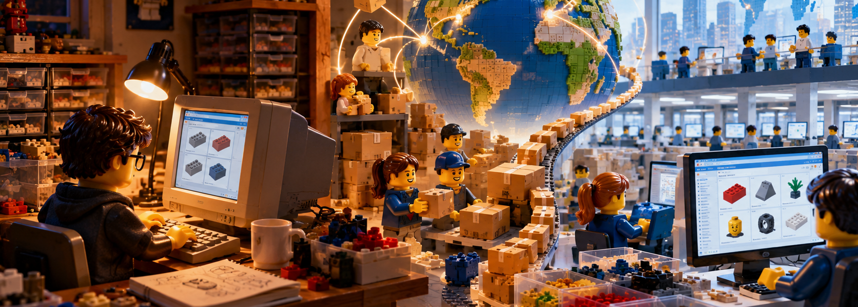 A scene showing the transition from a fan’s home computer workspace to a global network of brick sellers, parcels and marketplace infrastructure.