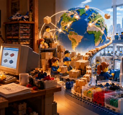 A scene showing the transition from a fan’s home computer workspace to a global network of brick sellers, parcels and marketplace infrastructure.