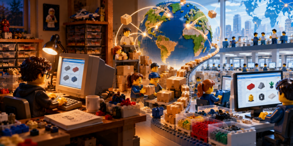 A scene showing the transition from a fan’s home computer workspace to a global network of brick sellers, parcels and marketplace infrastructure.
