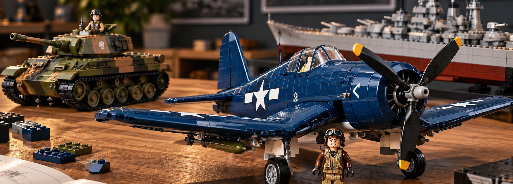 A collector display of brick-built historical scale models featuring an aircraft, tank and warship on a wooden workbench.