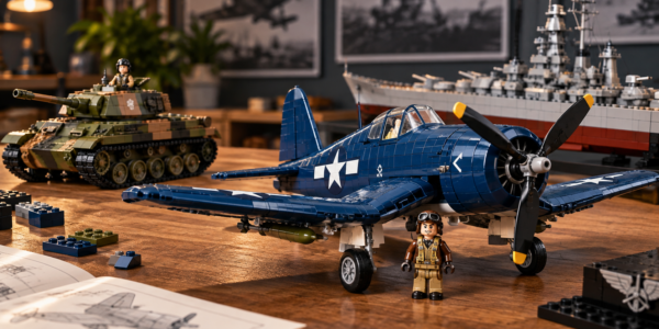 A collector display of brick-built historical scale models featuring an aircraft, tank and warship on a wooden workbench.