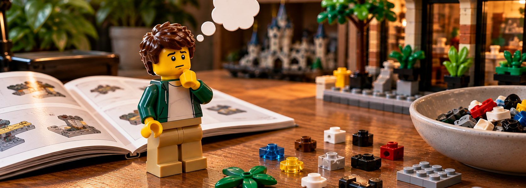 A brick minifigure looks at several tiny leftover pieces beside an open instruction booklet and a completed model.