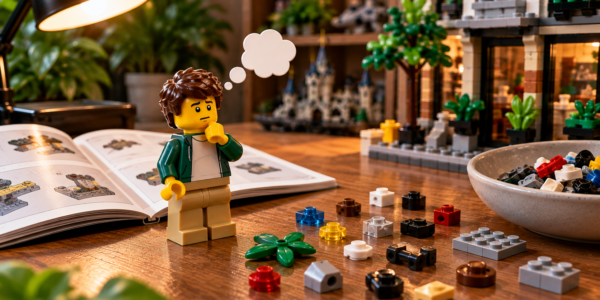 A brick minifigure looks at several tiny leftover pieces beside an open instruction booklet and a completed model.