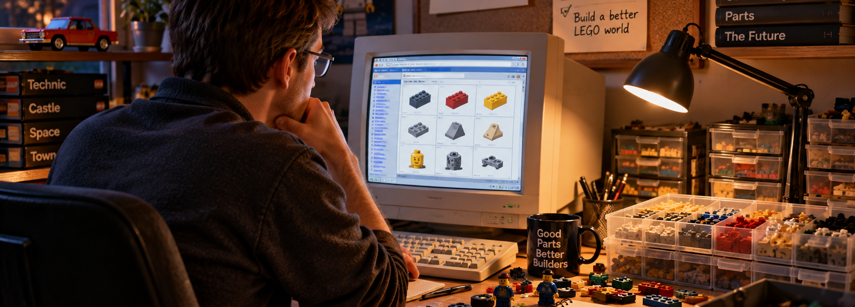 A programmer sits at a bulky CRT computer in a home office surrounded by trays of colorful toy bricks and notebooks.