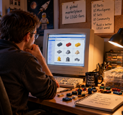 A programmer sits at a bulky CRT computer in a home office surrounded by trays of colorful toy bricks and notebooks.