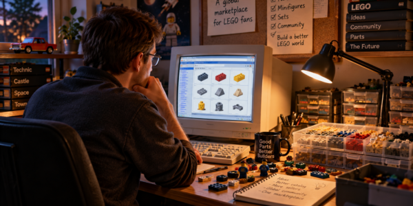 A programmer sits at a bulky CRT computer in a home office surrounded by trays of colorful toy bricks and notebooks.