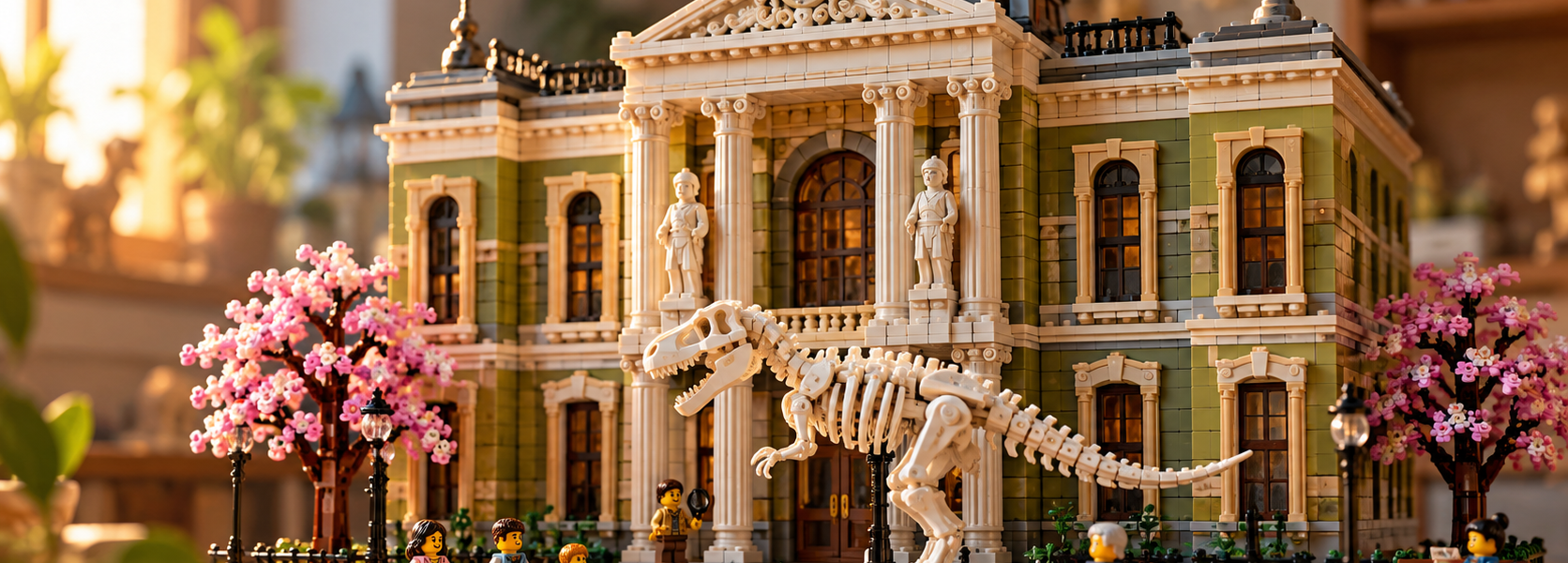 Stylized brick-built natural history museum with a large dinosaur skeleton display in front, with no text or logos.