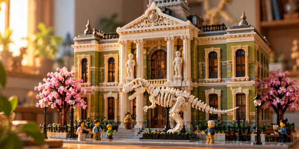 Stylized brick-built natural history museum with a large dinosaur skeleton display in front, with no text or logos.
