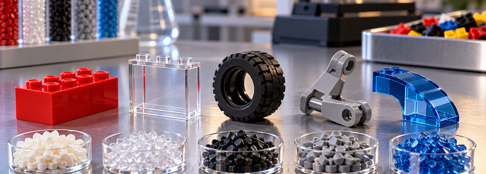 A laboratory workbench with different brick elements and polymer pellet samples, including a standard brick, clear window, tire, hinge and transparent curved part.