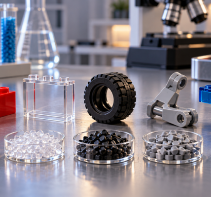 A laboratory workbench with different brick elements and polymer pellet samples, including a standard brick, clear window, tire, hinge and transparent curved part.