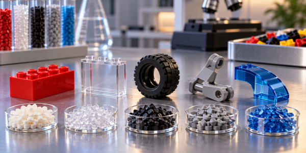 A laboratory workbench with different brick elements and polymer pellet samples, including a standard brick, clear window, tire, hinge and transparent curved part.