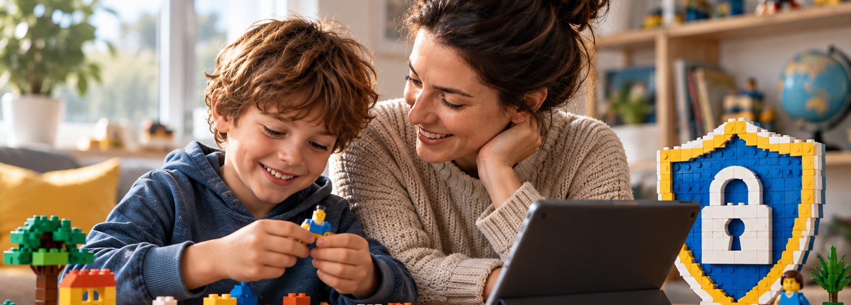A parent and child build with colorful bricks beside a tablet and a brick-built shield with a padlock symbolizing online safety.